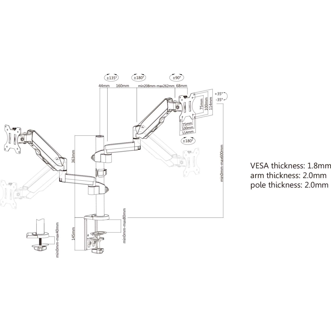 Soporte universal para monitor con brazos ajustables en altura y resorte de goma Image 11