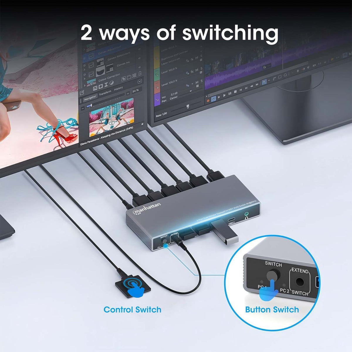 Conmutador KVM MST DisplayPort de 2 puertos para doble monitor 4K a 60 Hz Image 5