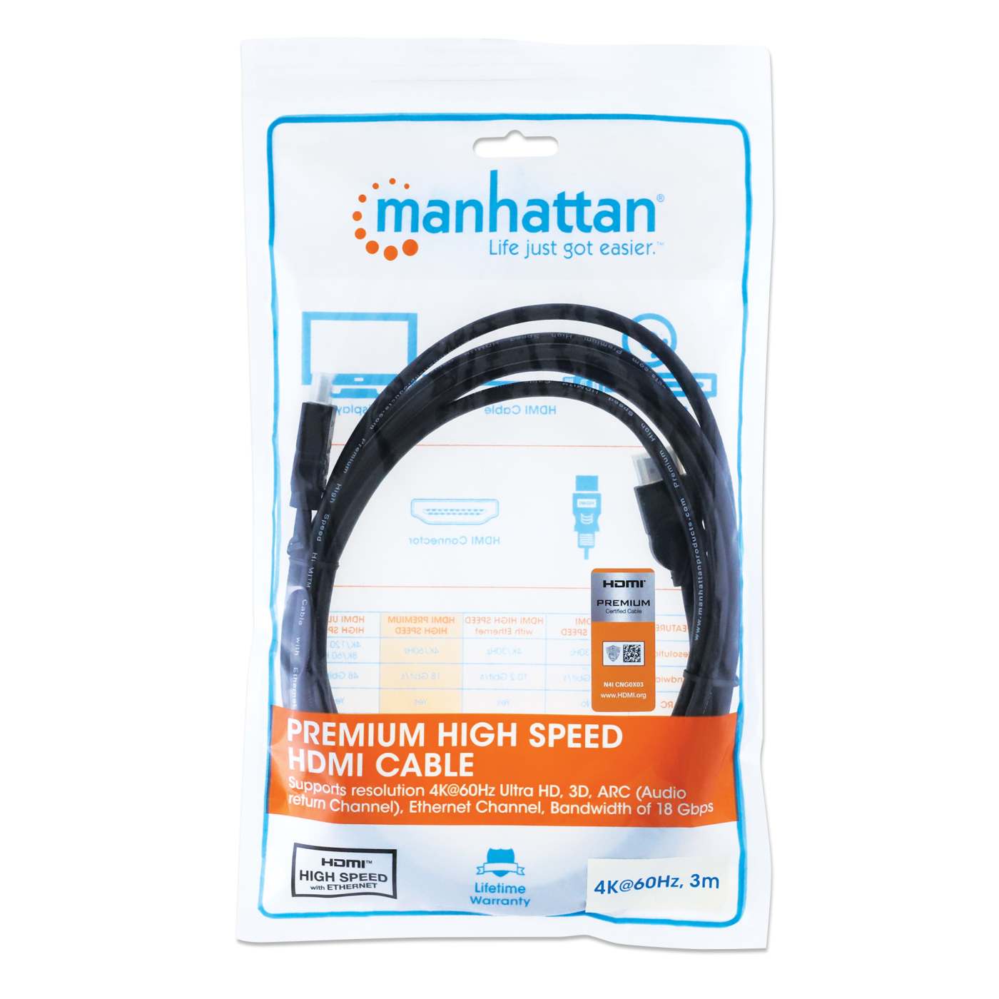 Cable HDMI de alta velocidad certificado 4K@60Hz con Ethernet, 3 m (10 ft) Packaging Image 2