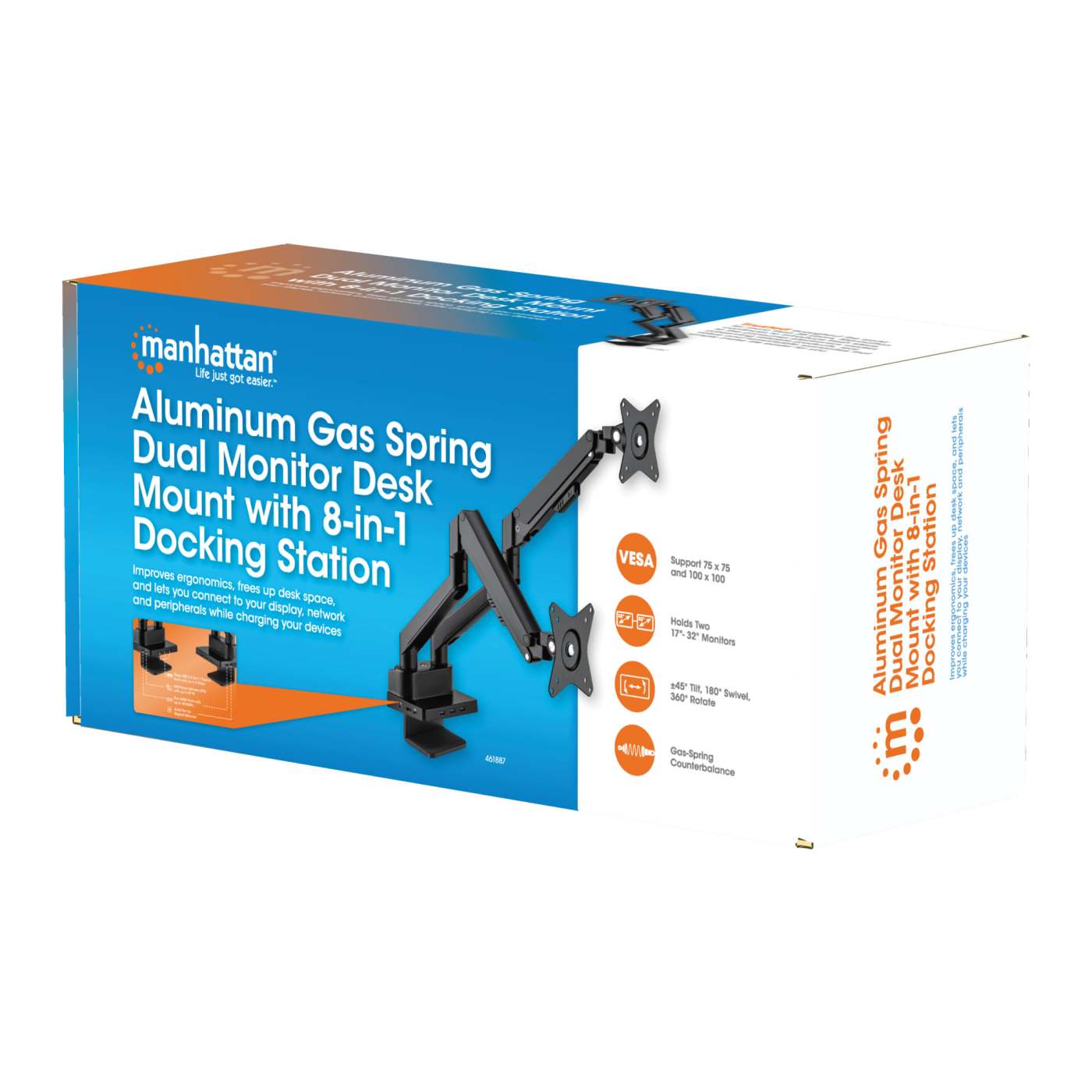 Soporte de escritorio con pistón de gas para dos monitores con Docking Station 8 en 1 Packaging Image 2