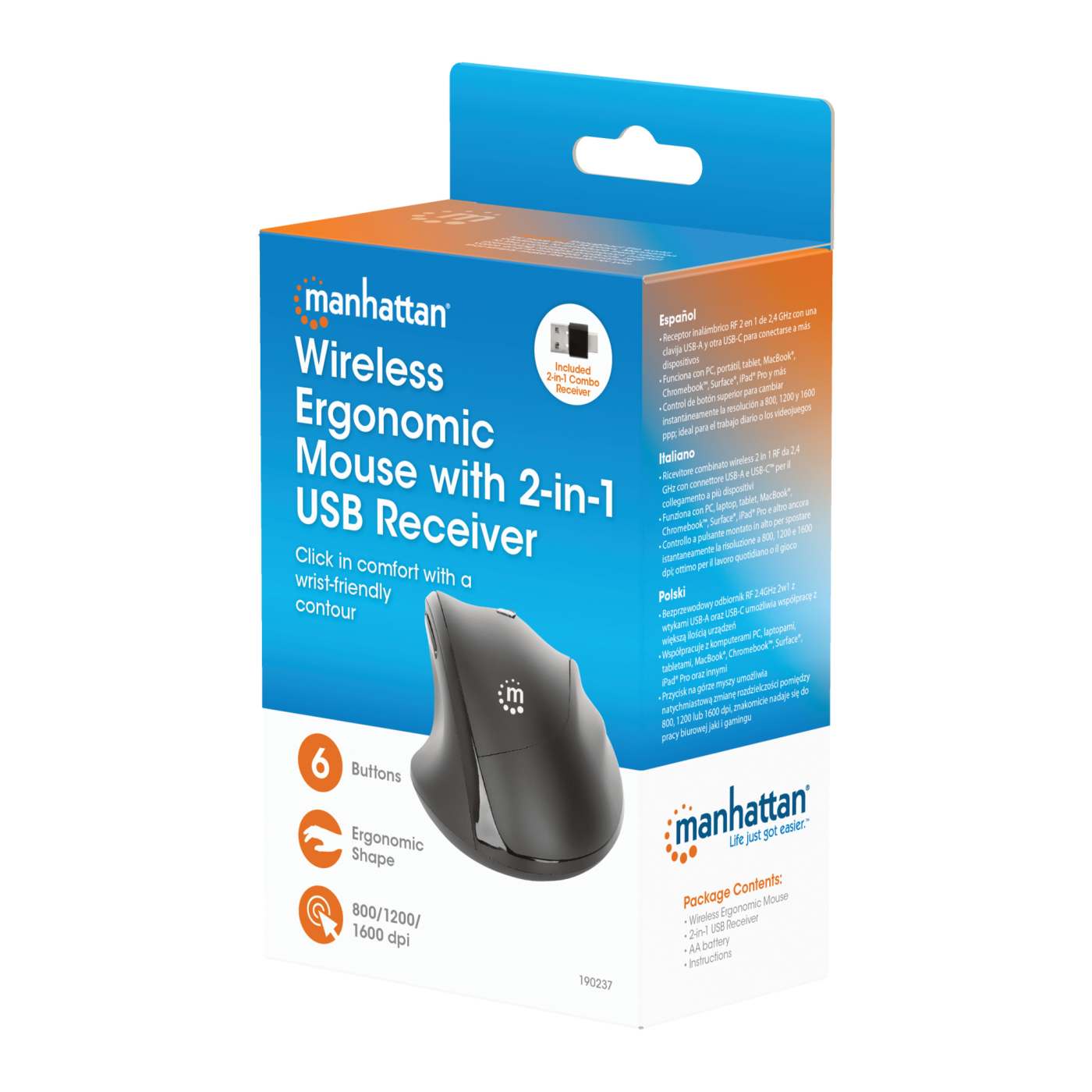Mouse ergonómico inalámbrico con receptor USB 2 en 1 Packaging Image 2