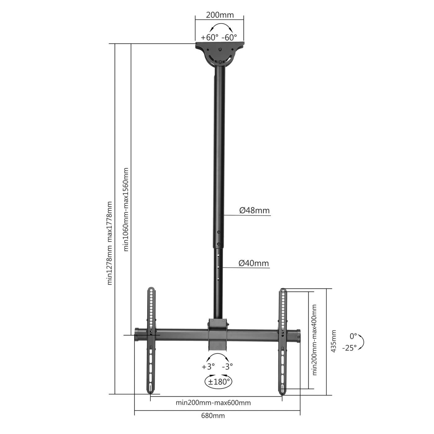 Soporte de techo para TV de movimiento completo y ajustable en altura Image 11