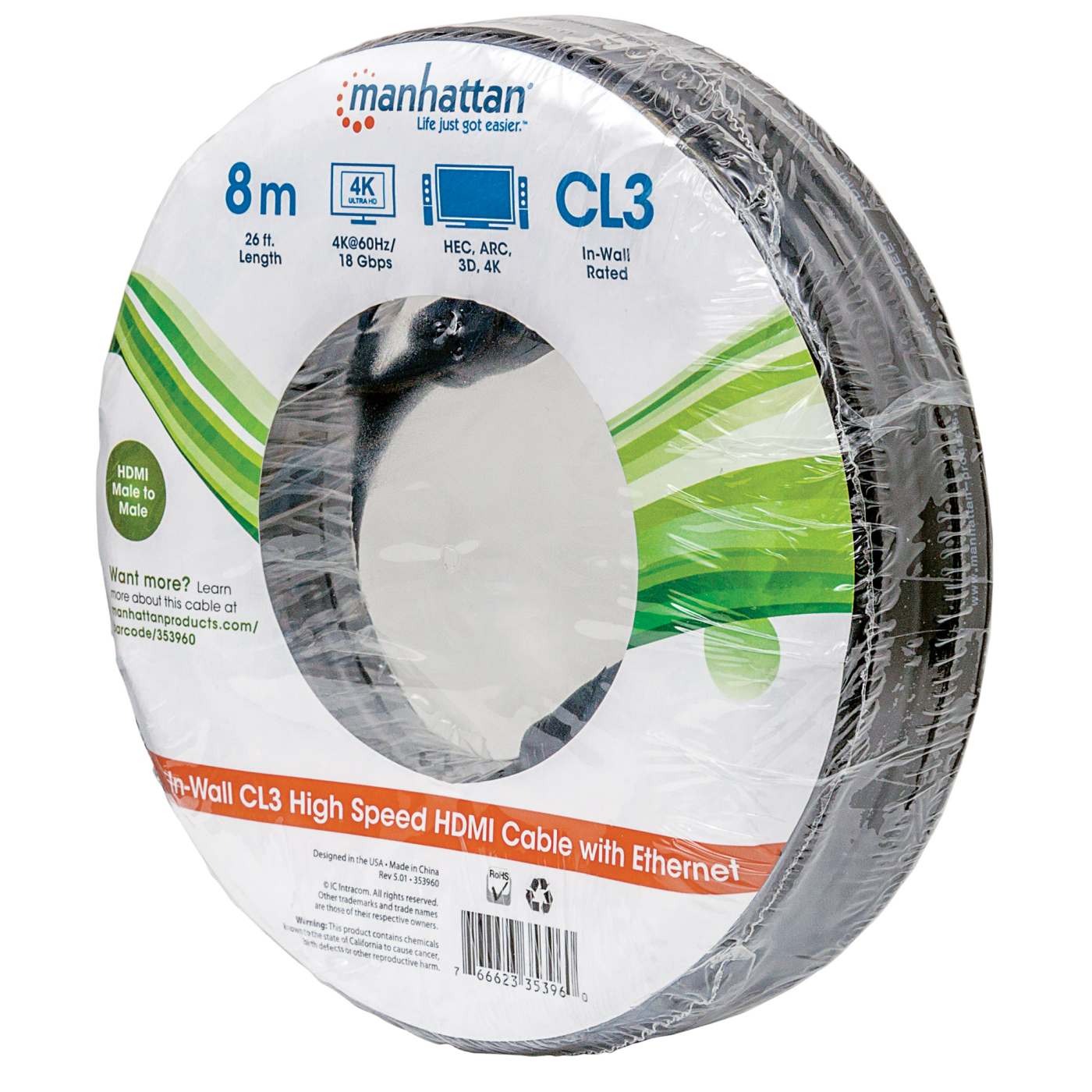 Cable HDMI de alta velocidad CL3 para instalar con Ethernet, negro, 8 m (26 ft) Packaging Image 2
